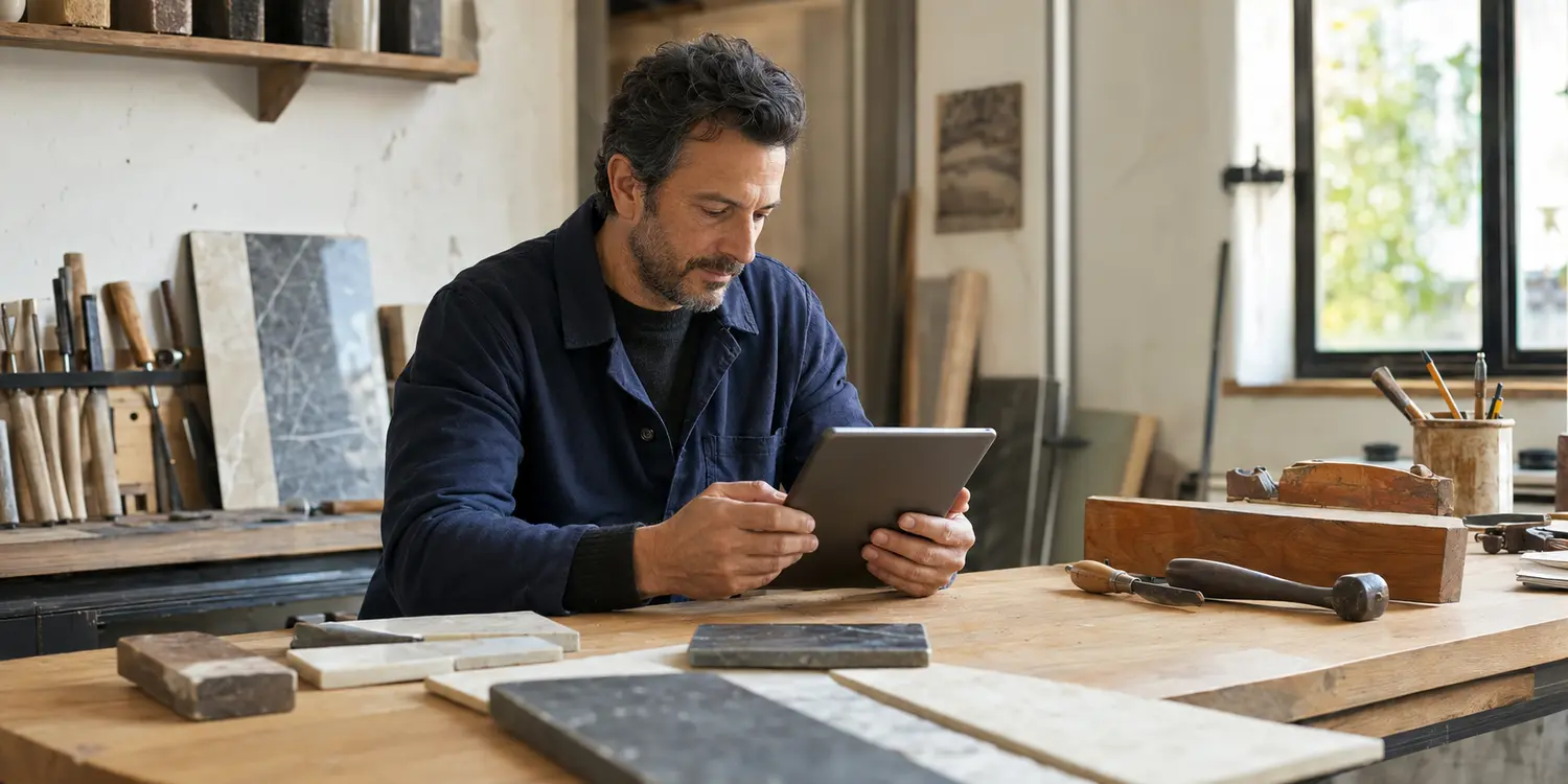 Artigiano che consulta il proprio sito professionale su tablet